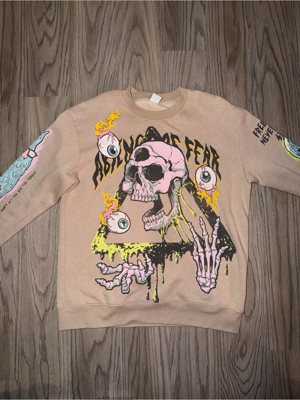 Zara Beige Crewneck with Pink Skull & Yellow Flame Graphic